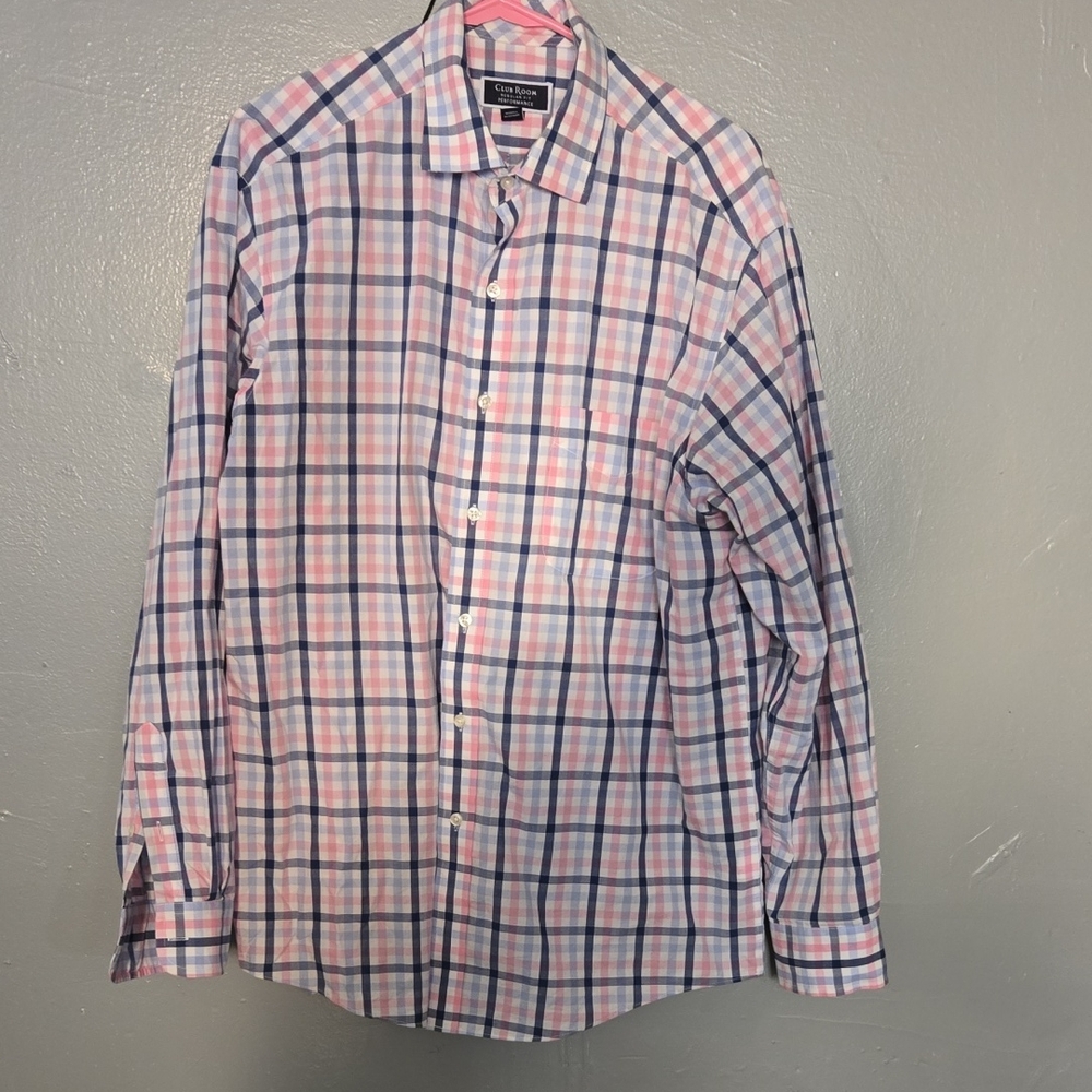 Club Room Pink and Blue Plaid Button Down Shirt Size 16 (34/35)